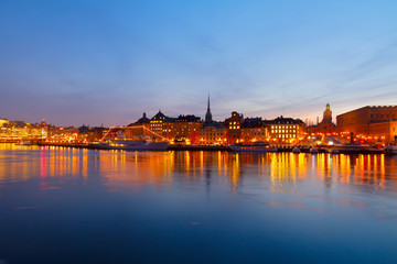 Fototapeta na wymiar night panotamical skyline of the Gamla Stan Old Town in Stockholm, Sweden, toned