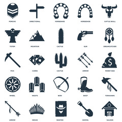 Elements Such As Saloon, Shovel, Wanted, Indian, Arrow, Dreamcatcher, Bow, Wheel, Totem, Horseshoe, Directional icon vector illustration on white background. Universal 25 icons set.