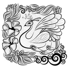 Coloring for adults. Stylized black and white peacock in a floral frame. Zentangle vector illustration