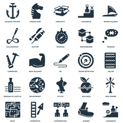 Elements Such As Leadership, Seller, Problem, Chessplayer, Maze, Doctor, Wellness, Carpenter icon vector illustration on white background. Universal 25 icons set.