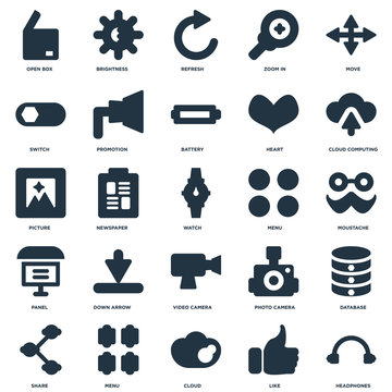 Elements Such As Headphones, Like, Cloud, Menu, Share, Cloud computing, Video camera, Panel, Switch, Refresh, Brightness icon vector illustration on white background. Universal 25 icons set.