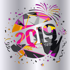 2019 Happy New Year greeting card. Numbers, bottle of Champagne, glass, firework and confetti cutted from silver paper. Vector.