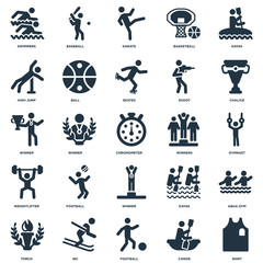 Elements Such As Shirt, Canoe, Football, Ski, Torch, Chalice, Winners, Winner, Weightlifter, High Jump, Karate, Baseball icon vector illustration on white background. Universal 25 icons set.