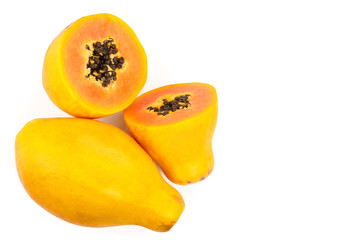 ripe slice papaya isolated on a white background with copy space for your text. Top view. Flat lay