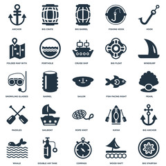Elements Such As Big Starfish, Pearl, Windsurf, Crate, Whale, Porthole, Kayak, Snorkling Glasses icon vector illustration on white background. Universal 25 icons set.