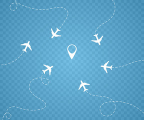 Airplane is in a dotted line. The waypoint is for a tourist trip. Vector illustration on a white background. Tourism and travel.

