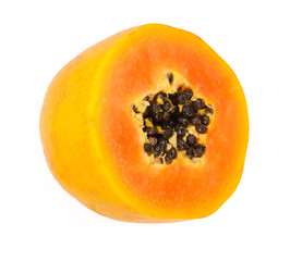 half of ripe papaya isolated on a white background. Top view. Flat lay