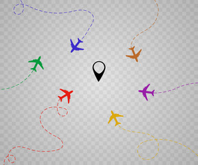 Airplane is in a dotted line. The waypoint is for a tourist trip. Vector illustration on a white background. Tourism and travel.
