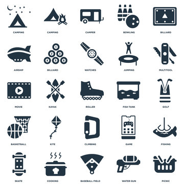 Elements Such As Picnic, Golf, Multitool, Camping, Skate, Billiard, Game, Movie icon vector illustration on white background. Universal 25 icons set.