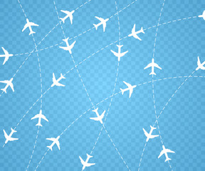 Airplane is in a dotted line. The waypoint is for a tourist trip. Vector illustration on a white background. Tourism and travel.
