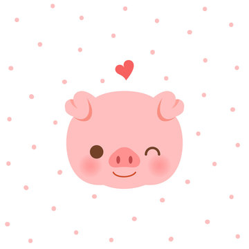 Cute pig winking and smiling on pink dots pattern