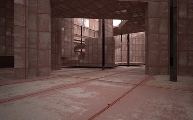 Abstract room interior of sheets rusted metal with black glass columns. Architectural background. 3D illustration and rendering