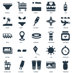 Elements Such As Pineapple, Sunset, Flippers, Ice cream, Oxygen tank, Airplane, Lighthouse, Kite, Picture, Island, Luggage icon vector illustration on white background. Universal 25 icons set.
