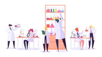 Pharmaceutic Laboratory Research Concept. Scientists Characters Working in Chemistry Lab with Medical Equipment Microscope, Flask, Tube. Vector illustration