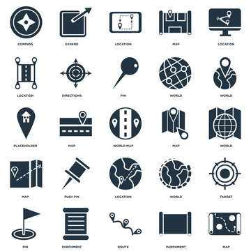 Elements Such As Map, Parchment, Route, Pin, World, Location, Expand icon vector illustration on white background. Universal 25 icons set.