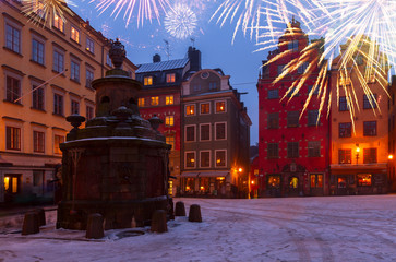 Gamla Stan ols square at winter night with fiewworks, Stockholm, Sweden