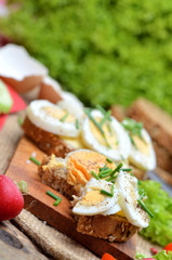 Close-up of wholegrain bread with butter, hard-boiled eggs, fresh radishes, tomatoes, salad and...