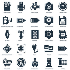 Elements Such As Film Roll, Memory Card, Floppy Disk, Printer, Projector, Full Battery, Picture, Pen Drive icon vector illustration on white background. Universal 25 icons set.
