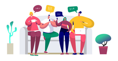 Young people sitting on the couch and writing messages in chat using smartphone, computer, laptop. Friends chat via mobile phone, texting via messenger app and sending sms. Vector illustration