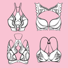 Vector illustration of beautiful collection of bra made in hand drawn sketch style. Artwork in  hand sketched  cartoon style. Template for card poster banner print.