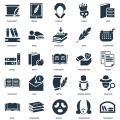 Elements Such As Bookshelf, Paper, Typewriter, Ebook, Book, Eugene onegin, Books icon vector illustration on white background. Universal 25 icons set.