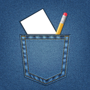 jeans pocket with sheet of white paper and pencil