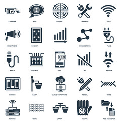 Elements Such As File transfer, Glove, Lamp, Wire, Router, Plug, No, Cloud computing, Switch, Megaphone, Radar, Web icon vector illustration on white background. Universal 25 icons set.