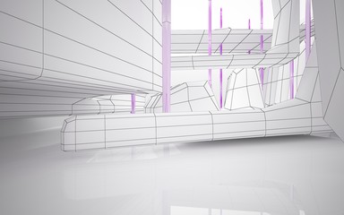 Abstract white interior highlights future. Polygon drawing. Architectural background. 3D illustration and rendering