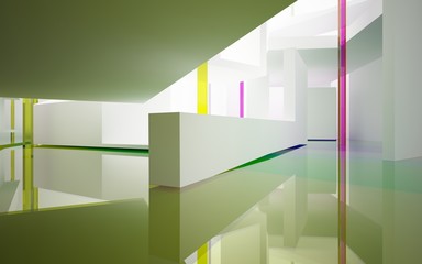 Abstract white interior with colored gradient glossy lines and floor. 3D illustration and rendering