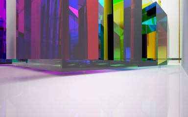 abstract architectural interior with gradient geometric glass sculpture with black lines. 3D illustration and rendering