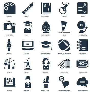 Elements Such As Speech bubble, Notebook, School bell, Flute, Abacus, Exam, Attachment, Watch icon vector illustration on white background. Universal 25 icons set.