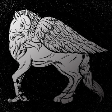 Vector hand drawn realistic illustration of hipogriff in line style. Mythological magic religion victorian motif, tattoo . Heraldry and logo concept art. Template for card poster banner print