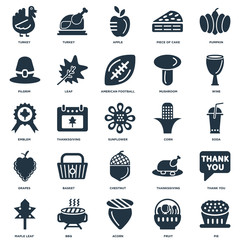 Elements Such As Pie, Fruit, Acorn, Bbq, Maple leaf, Wine, Corn, Chestnut, Grapes, Pilgrim, Apple, Turkey icon vector illustration on white background. Universal 25 icons set.