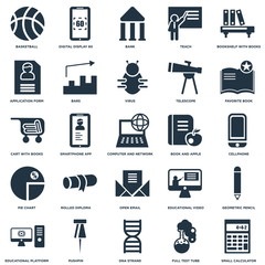 Elements Such As Cellphone, DNA strand, Pushpin, Cart with books, Computer and network icon vector illustration on white background. Universal 25 icons set.