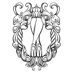 Creative vector illustration of woman legs in barogue frame. Surrealism artwork. Template for postcard banner vintage poster print for t-shirt