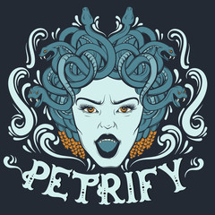 Petrify. Colorful quote typographical background with illustration of gorgon with hand drawn elements. Tattoo artwork with unique fairy lettering. Template for card banner poster print for t-shirt.