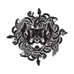 Vector illustration of realistic muzzle of bat with a bunch of snakes in hand drawn style. Artwork in dark fashion rocker and biker style. Template for card banner label poster and print for t-shirt.