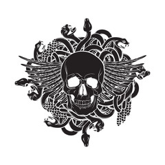 Vector illustration of realistic human skull with wings and bunch of snakes in hand drawn style.  Template for card banner label poster and print for t-shirt.