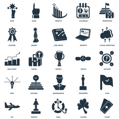 Elements Such As Ticket, Clover, Goal, Podium, Jet, Cloud computing, Watch, Businessman, Idea, Success, Profits, Hand icon vector illustration on white background. Universal 25 icons set.
