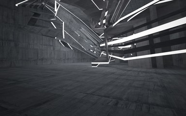 Empty dark abstract concrete room interior. Architectural background. Night view of the illuminated. 3D illustration and rendering