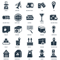 Elements Such As Smartphone, Certificate, Delivery truck, Airplane, Warehouse, Earth grid, Package, Trolley icon vector illustration on white background. Universal 25 icons set.