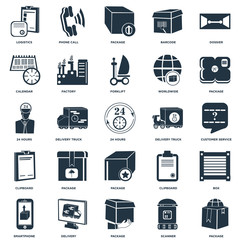 Elements Such As Package, Customer service, Phone call, Smartphone, Factory, Clipboard, 24 hours icon vector illustration on white background. Universal 25 icons set.