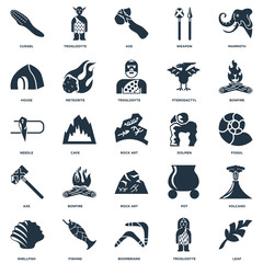 Elements Such As Leaf, Troglodyte, Boomerang, Fishing, Shellfish, Bonfire, Dolmen, Rock art, Axe, House, Troglodyte icon vector illustration on white background. Universal 25 icons set.