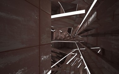 empty abstract room interior of sheets rusted metal. Architectural background. 3D illustration and rendering