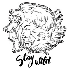 Quote typographical background. Stay wild. Unique hand written lettering. Hand drawn  illustration of young woman face. Template for card poster banner print for t-shirt.