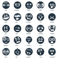 Elements Such As Hypnotized, Dead, Laughing, Sick, Nerd, Shocked, Surprised, Vomiting, Happy, Vampire, Eyebrows icon vector illustration on white background. Universal 25 icons set.