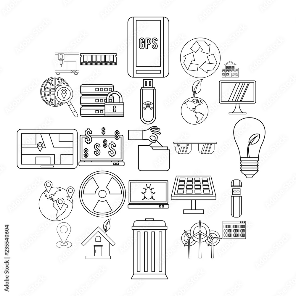 Poster technological world icons set. outline set of 25 technological world vector icons for web isolated o