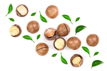 Shelled and unshelled macadamia nuts with leaves isolated on white background with copy space for your text. Top view. Flat lay pattern