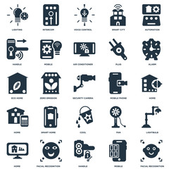 Elements Such As Facial recognition, Home, Alarm, Intercom, Mobile, Fan, Eco home icon vector illustration on white background. Universal 25 icons set.