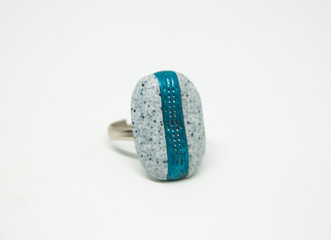 Winter handmade jewelry. Turquoise, grey and silver abstract modern woman ring. Fashion jewellery.